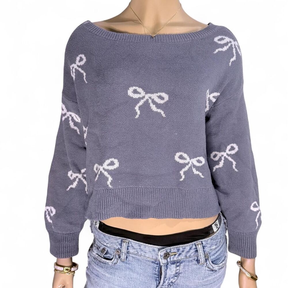 Hollister Coquette Bow Knit Sweater Blue Off Shoulder Slouchy Pullover S